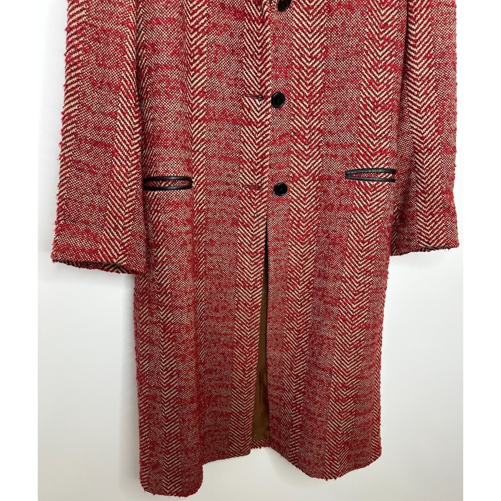Barneys New York Herringbone Wool Tweed Overcoat Red Tan Italy Size 8 Long Coat - Picture 8 of 16